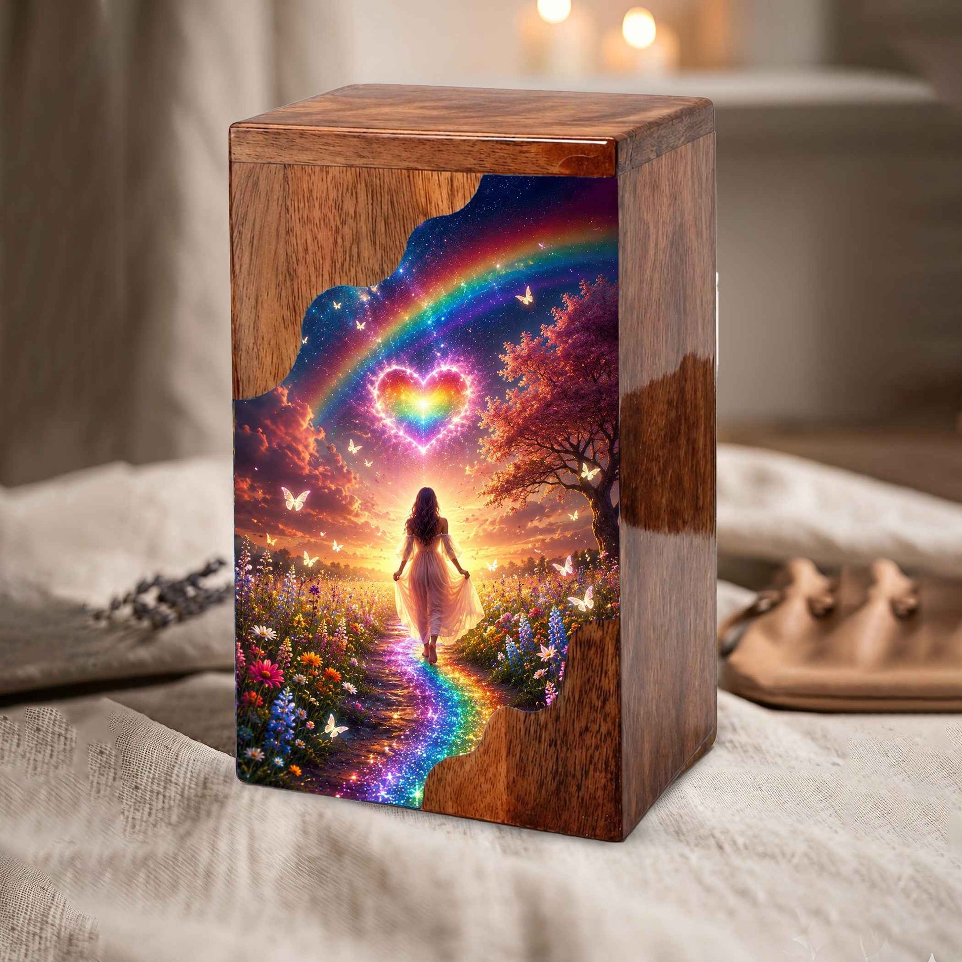 Rainbow Heart Wooden Cremation Urn – Celestial Rainbow Memorial Wooden Urn for Human Ashes