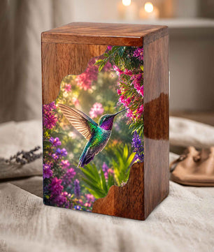 Green Hummingbird Wooden Cremation Urn – Floral Memorial Wooden Urn for Human Ashes