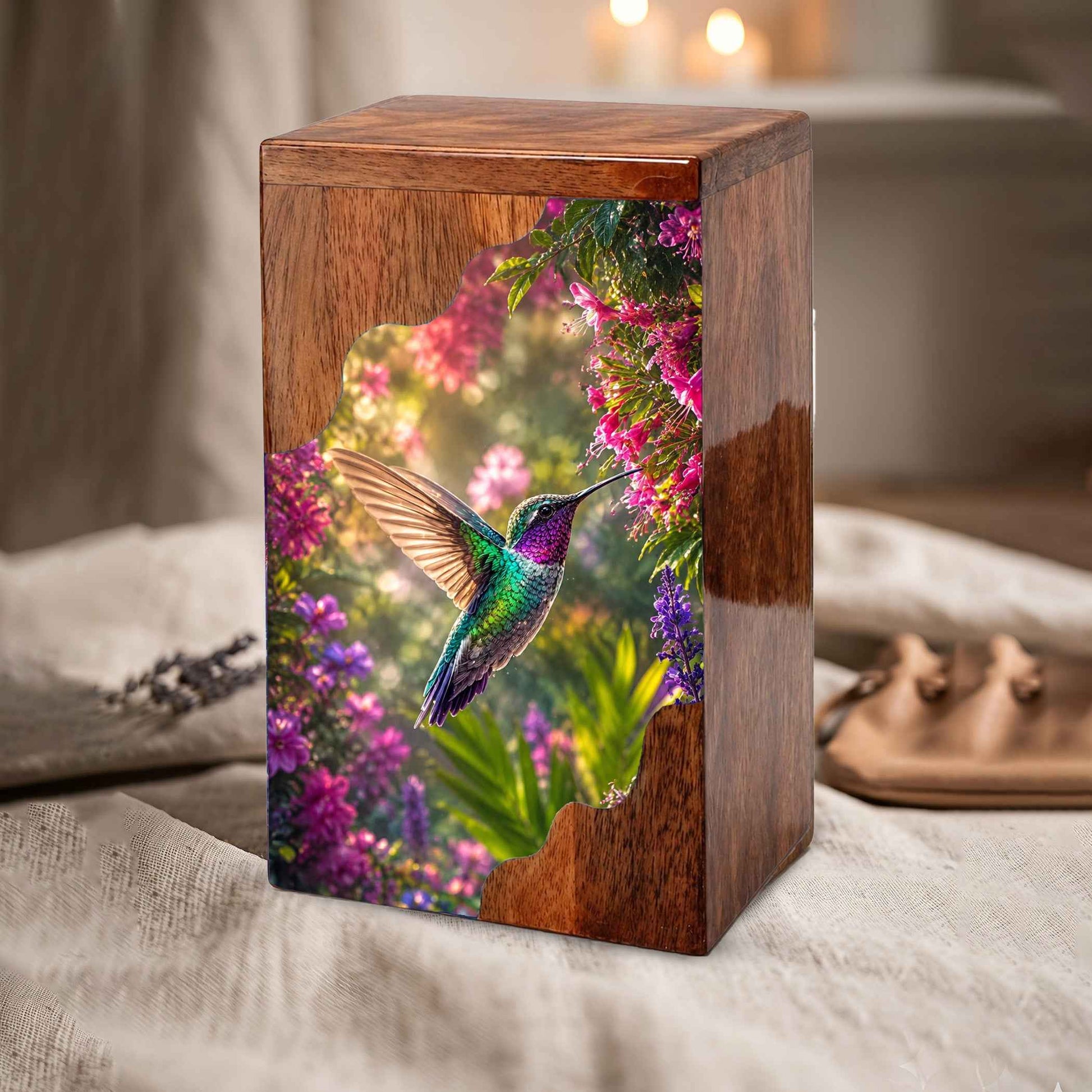 Green Hummingbird Wooden Cremation Urn – Floral Memorial Wooden Urn for Human Ashes