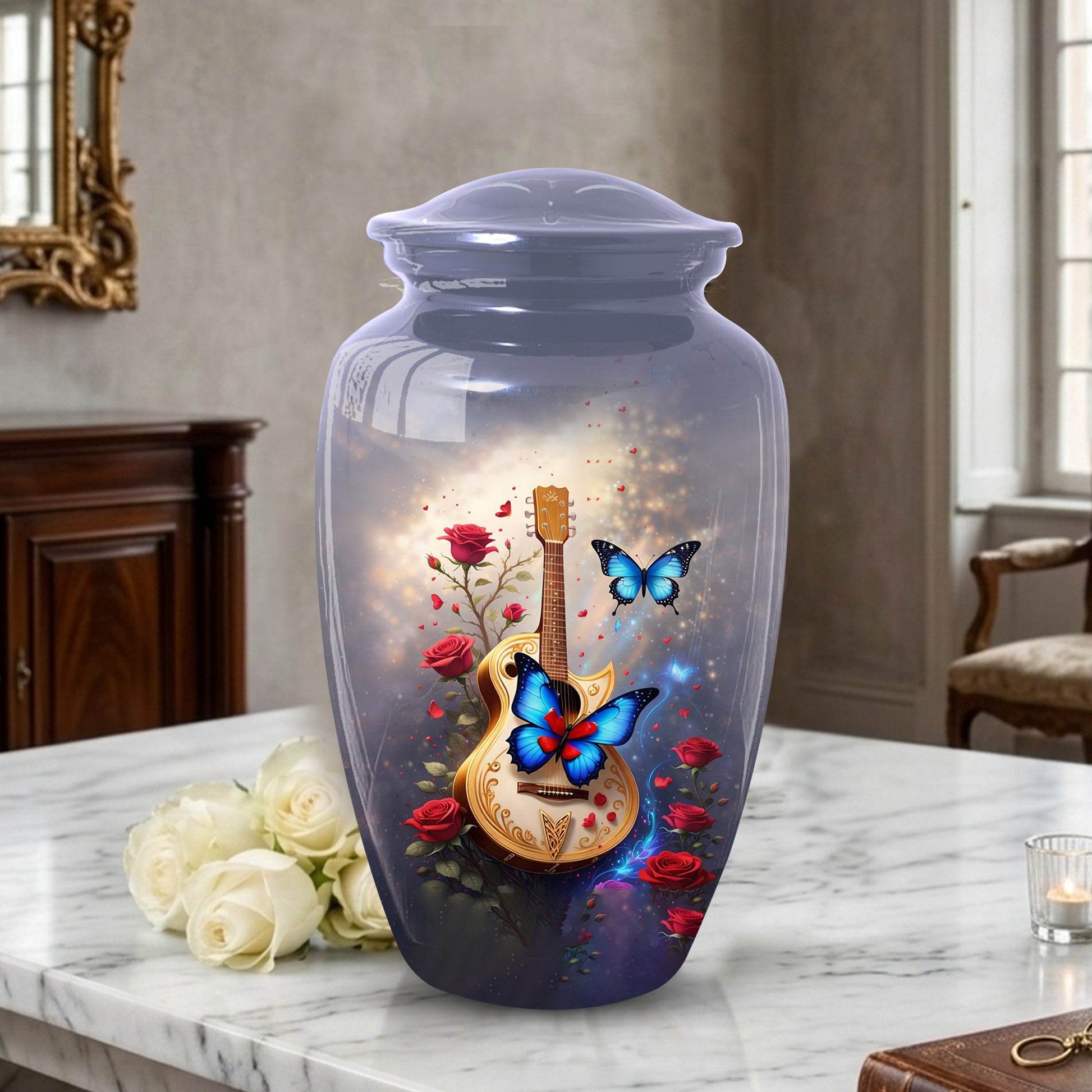 Butterfly Urn for Mom with Guitar – Personalized Cremation Large Urn for Ashes