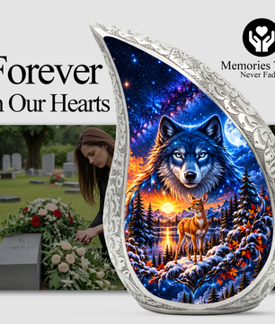 Wolf and Deer Cremation Urn for Ashes, Wildlife Adult Memorial Urn