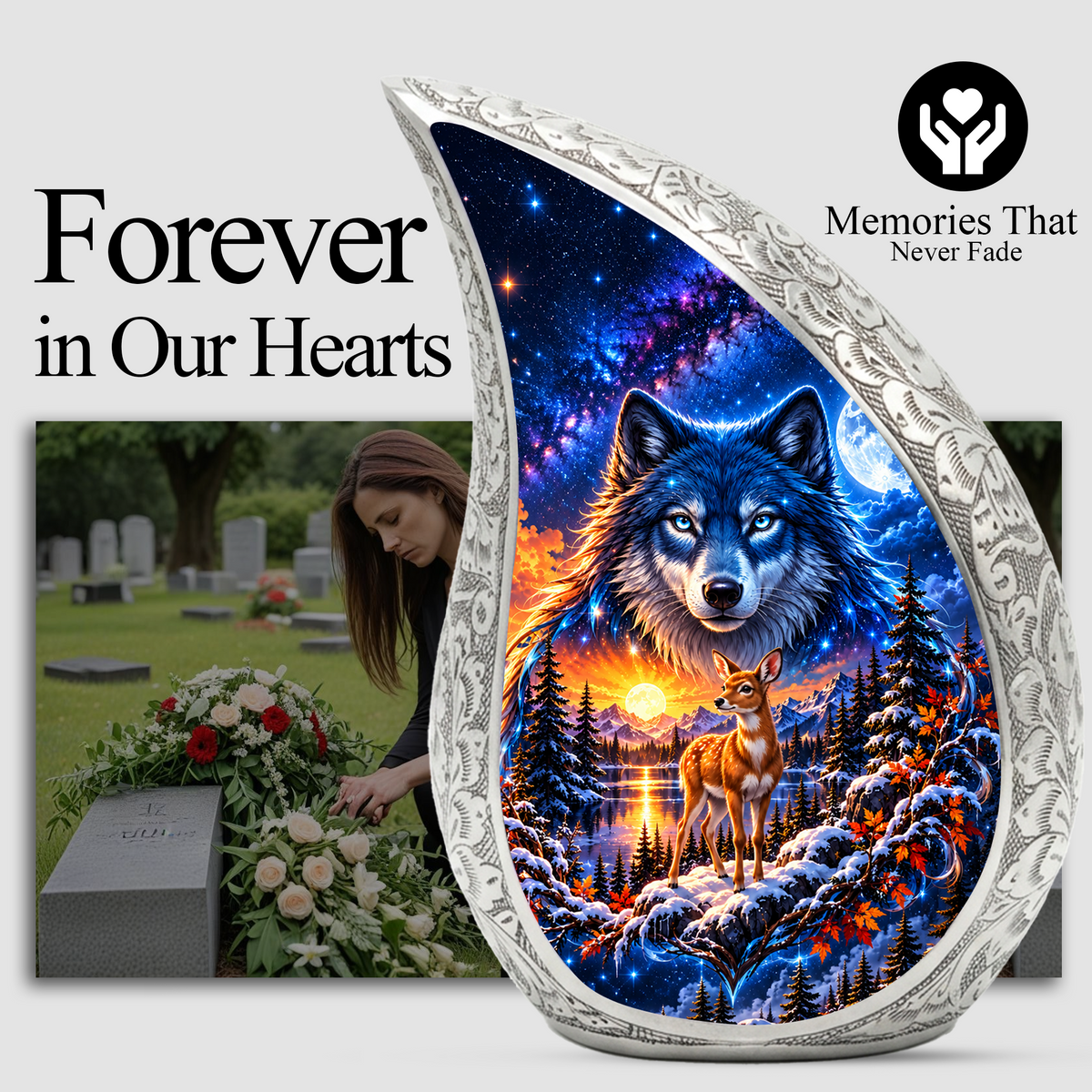 Wolf and Deer Cremation Urn for Ashes, Wildlife Adult Memorial Urn