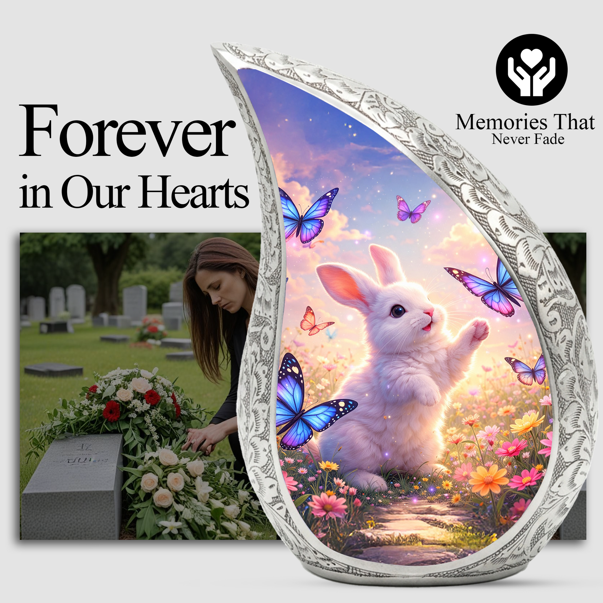 Personalized Cat Cremation Urn – Butterfly Garden Teardrop Memorial Urn, 10 Inch Aluminum