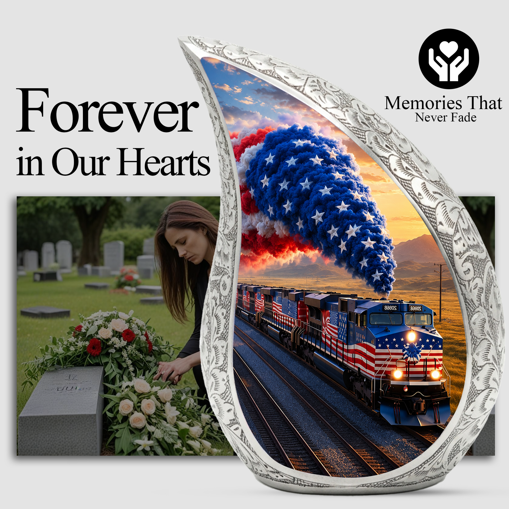 Patriotic American Flag Train Cremation Urn for Adult Ashes