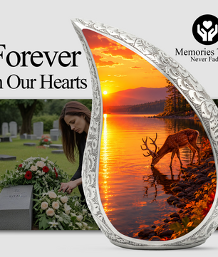Deer Memorial Urn for Mom, Sunset Deer Cremation Urn, Memorial Urn for Women