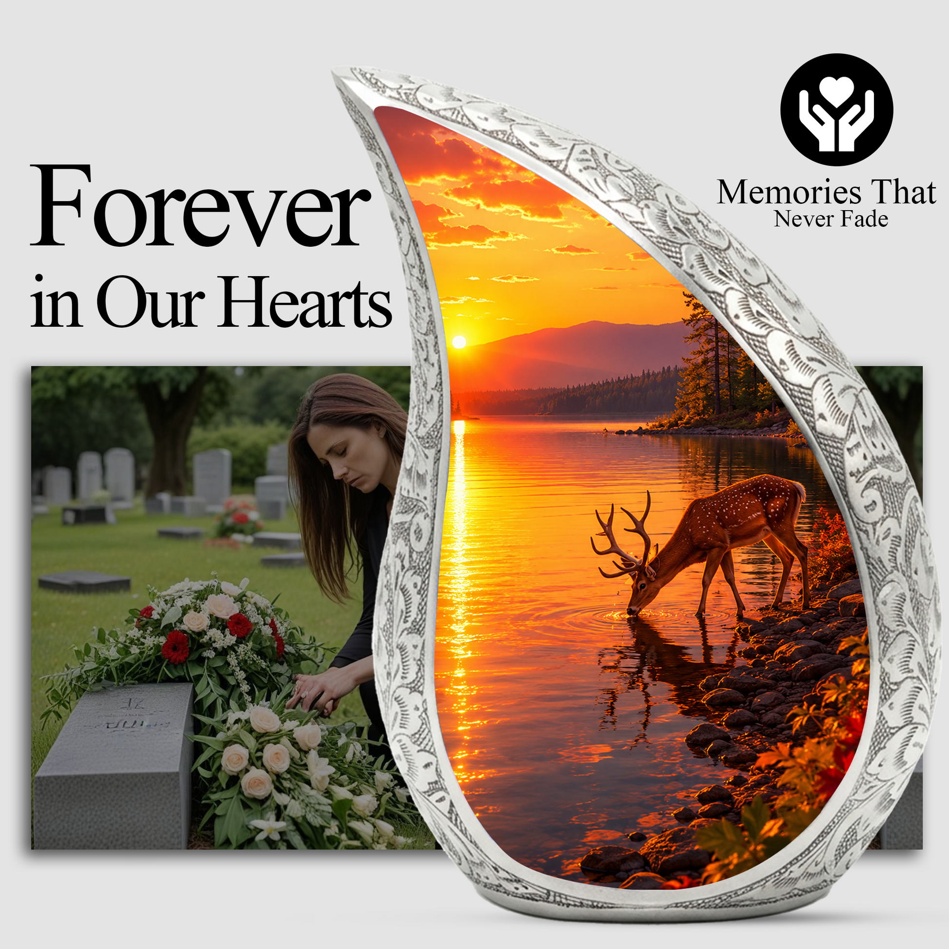 Deer Memorial Urn for Mom, Sunset Deer Cremation Urn, Memorial Urn for Women