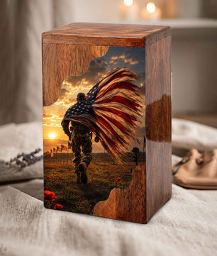 Military Wooden Cremation Urn for Dad | Personalized Veteran Urn for Human Ashes | American Flag Memorial Urn