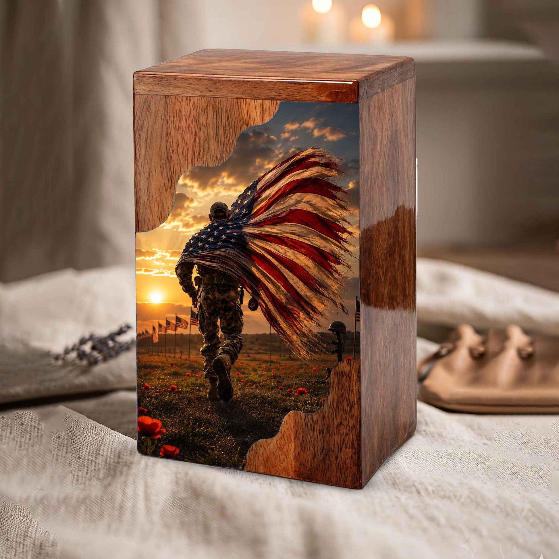 Military Wooden Cremation Urn for Dad | Personalized Veteran Urn for Human Ashes | American Flag Memorial Urn