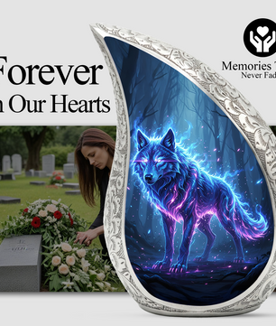Mystic Wolf Personalized Cremation Urn – Teardrop Memorial Urn for Ashes | 10 Inch Aluminum Adult Urn