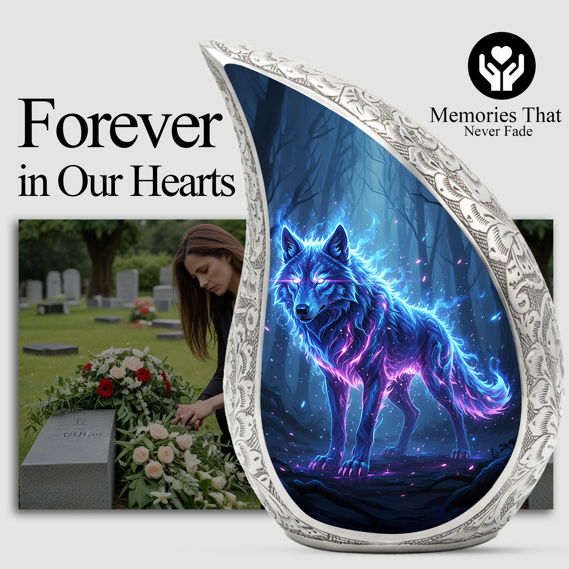 Mystic Wolf Personalized Cremation Urn – Teardrop Memorial Urn for Ashes | 10 Inch Aluminum Adult Urn