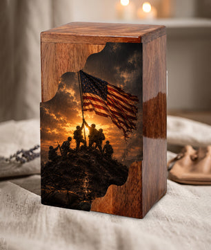 Patriotic Wooden Cremation Urn | Veteran Memorial Urn for Dad | Military Urn with American Flag
