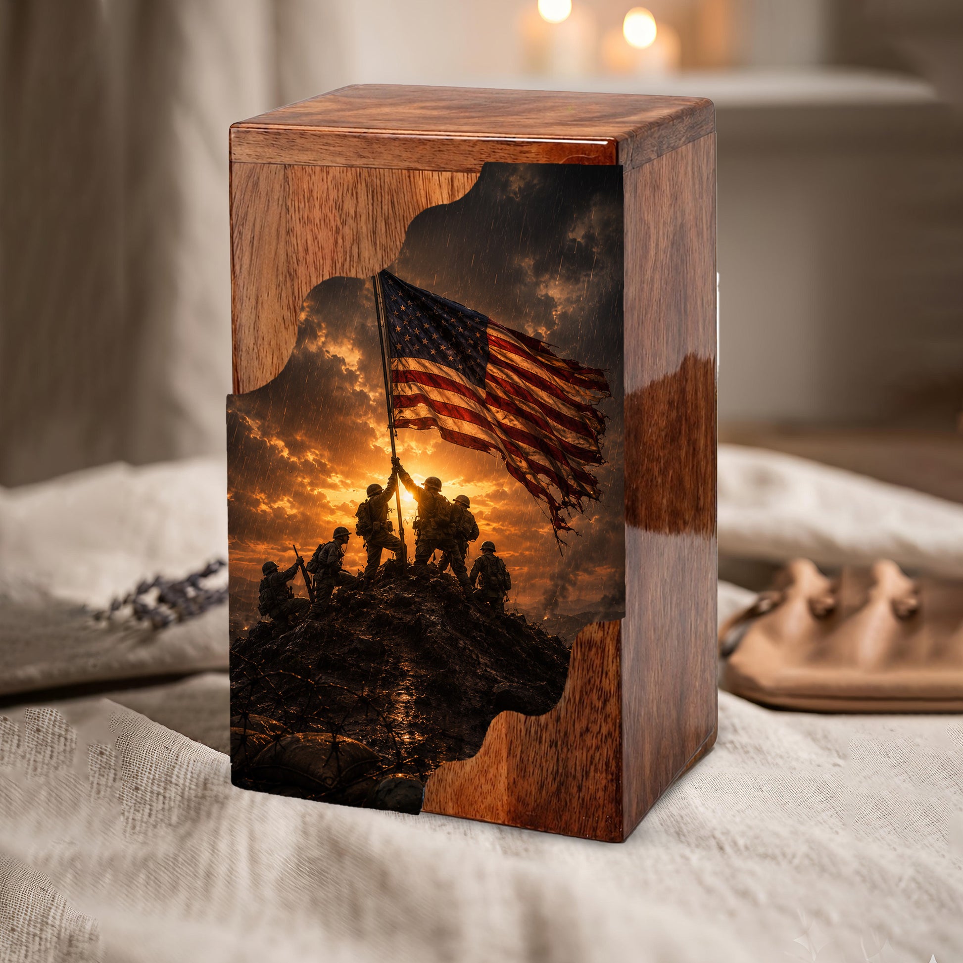 Patriotic Wooden Cremation Urn | Veteran Memorial Urn for Dad | Military Urn with American Flag
