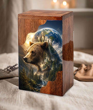 Wooden Cremation Urn for Human Ashes, Bear Memorial Urn