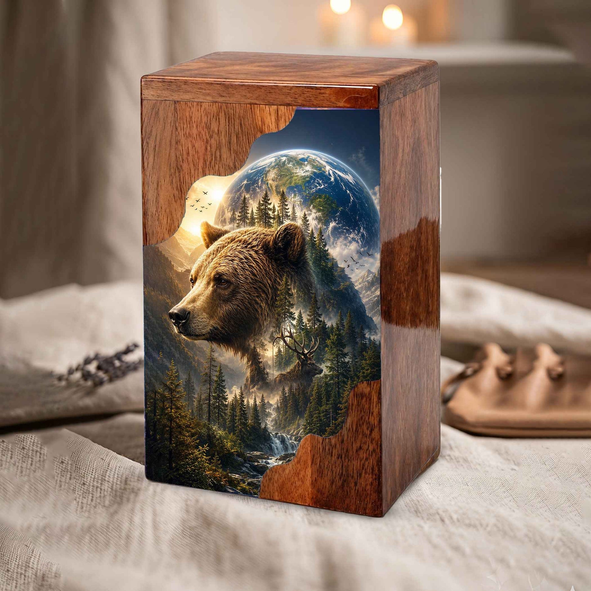 Wooden Cremation Urn for Human Ashes, Bear Memorial Urn