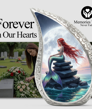 Mermaid Personalized Cremation Urn for Mom – Teardrop Style Aluminum Memorial Urn, 10 Inch
