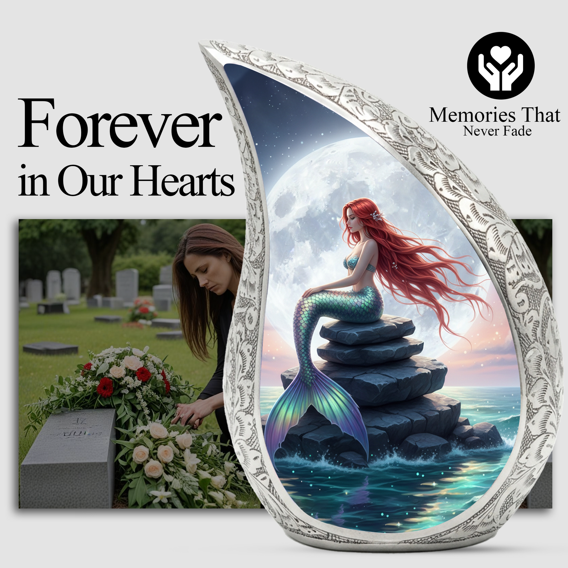 Mermaid Personalized Cremation Urn for Mom – Teardrop Style Aluminum Memorial Urn, 10 Inch