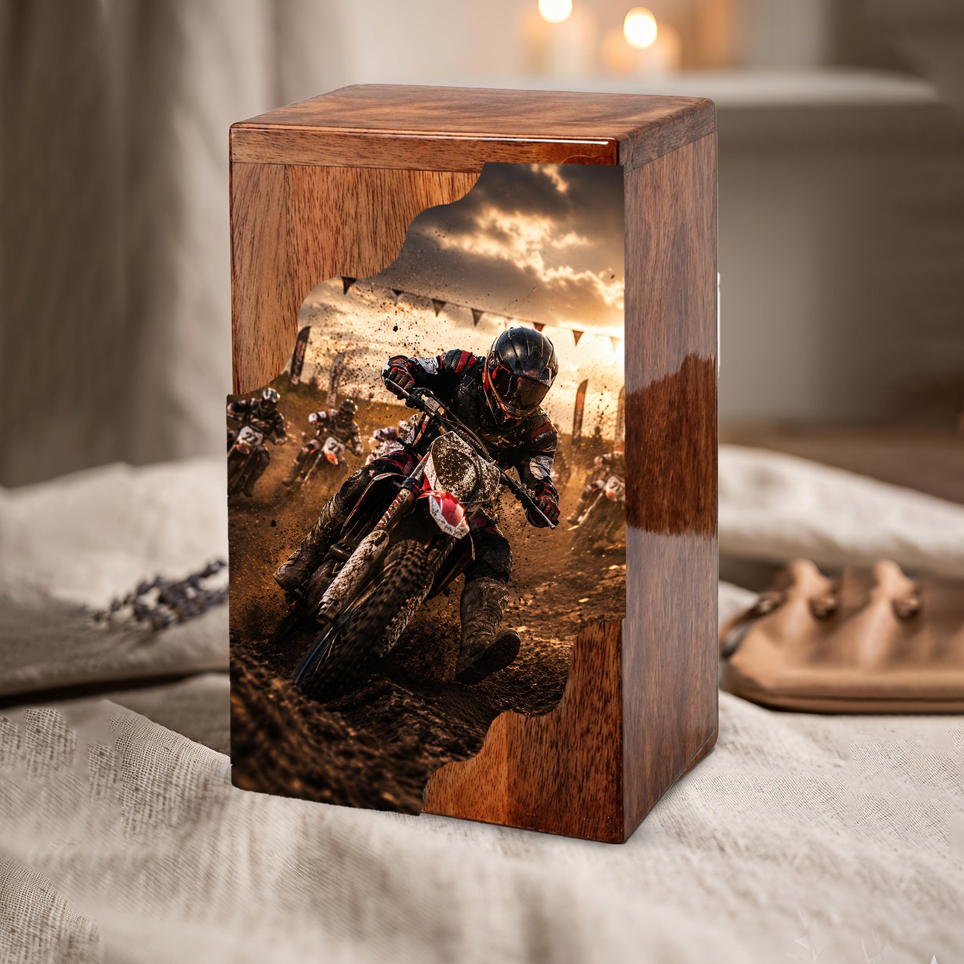 Motorcycle Wooden Cremation Urn for Dad – Personalized Wooden Urn for Human Ashes