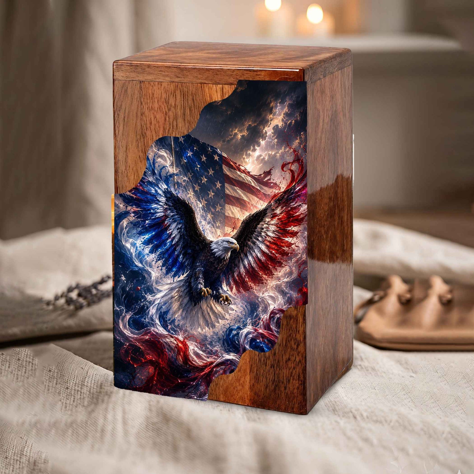 American Eagle Wooden Cremation Urn | Patriotic Veteran Urn for Dad