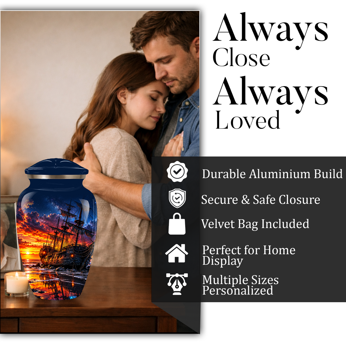 Personalized Pirate Ship Cremation Urn for Ashes, Sunset Ship Adult Memorial Urn
