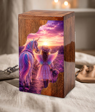Angel Girl Wooden Cremation Urn – Fantasy Sunset Memorial Wooden Urn for Human Ashes