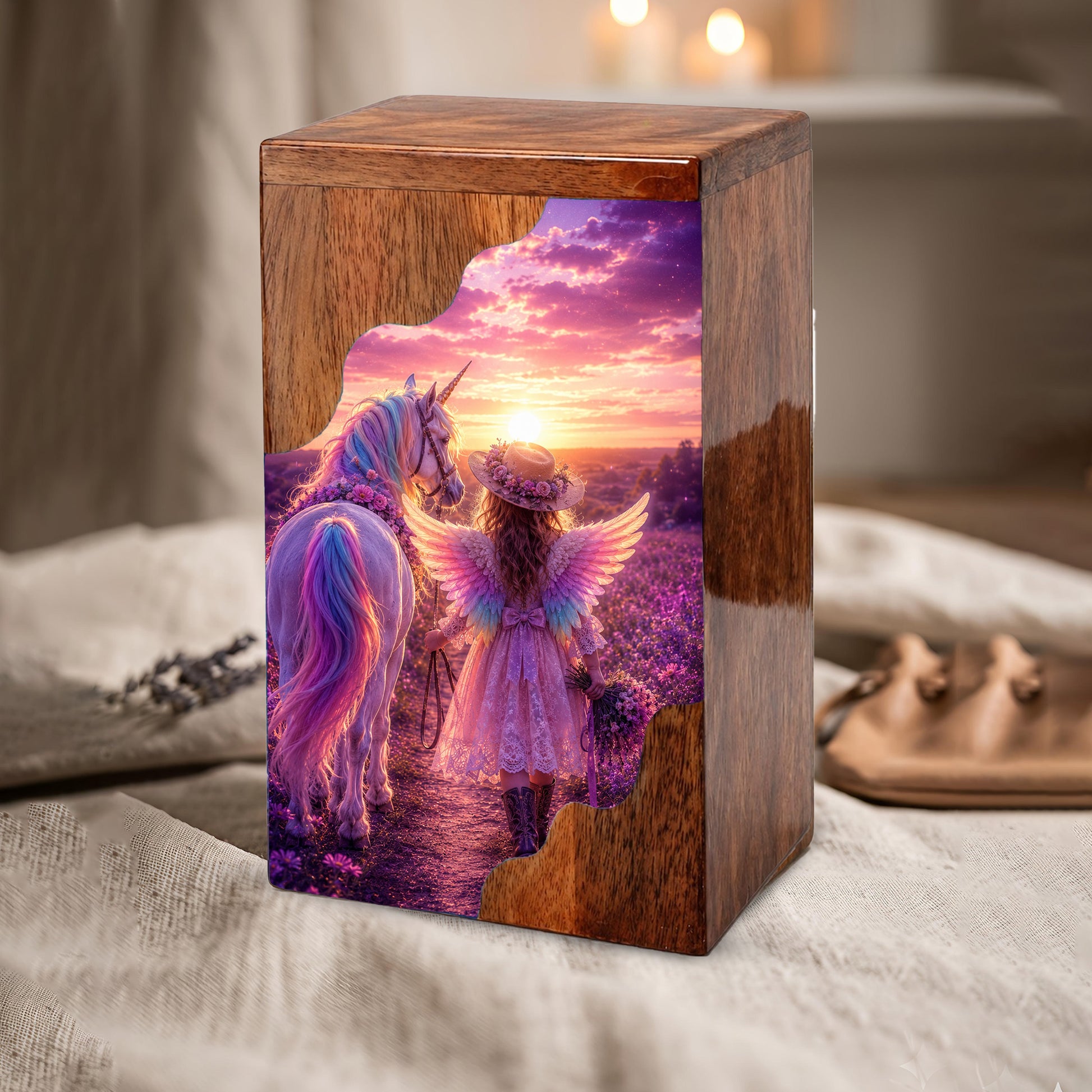 Angel Girl Wooden Cremation Urn – Fantasy Sunset Memorial Wooden Urn for Human Ashes