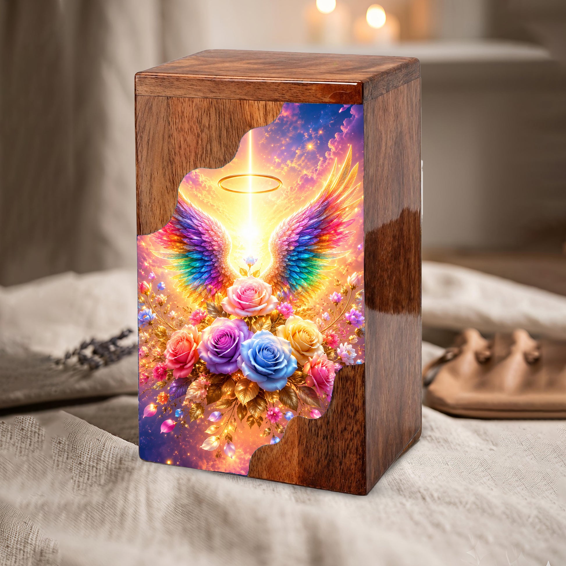 Angel Wings Wooden Cremation Urn – Heavenly Memorial Urn for Human Ashes