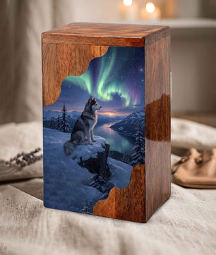 Wolf Wooden Cremation Urn – Northern Lights Memorial Urn | Custom Wooden Urn for Human Ashes