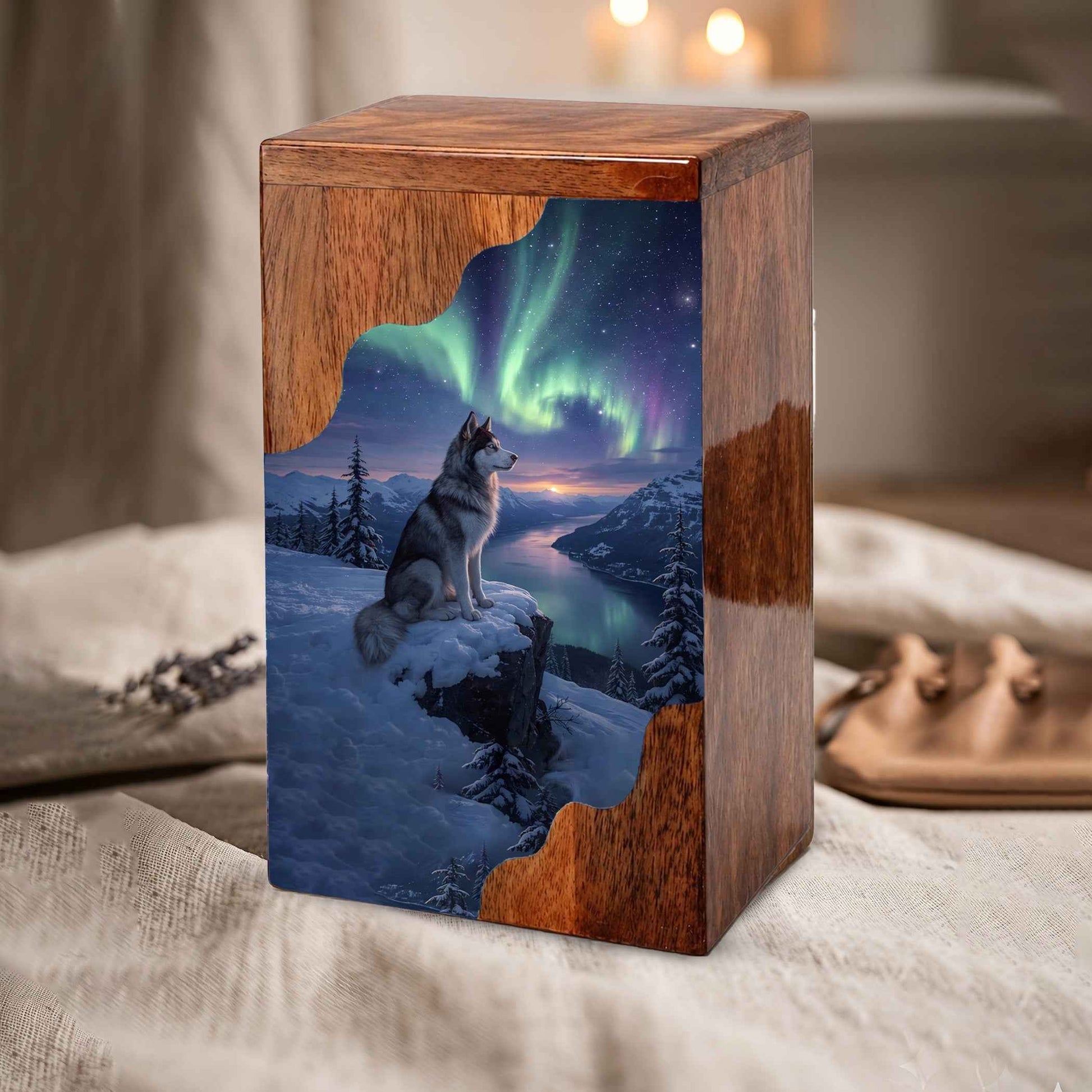 Wolf Wooden Cremation Urn – Northern Lights Memorial Urn | Custom Wooden Urn for Human Ashes
