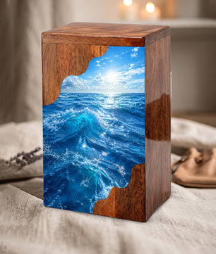Ocean Wave Wooden Cremation Urn – Wooden Urn for Human Ashes