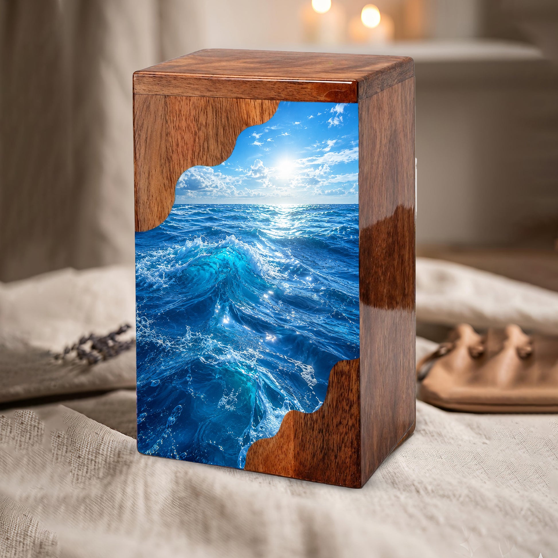 Ocean Wave Wooden Cremation Urn – Wooden Urn for Human Ashes
