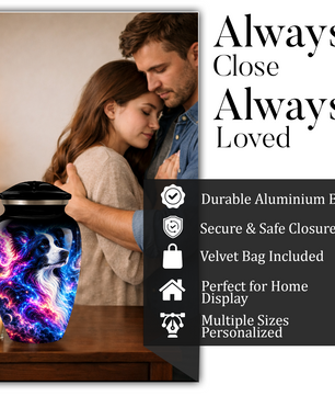 Cosmic Border Collie Cremation Urn for Adult Ashes, Black and White Dog Memorial Urn with Glowing Blue Pink Galaxy and Celestial Stars Artwork