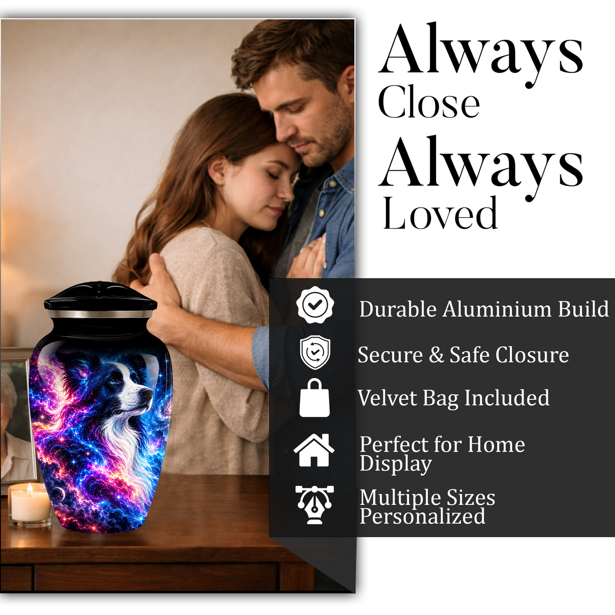 Cosmic Border Collie Cremation Urn for Adult Ashes, Black and White Dog Memorial Urn with Glowing Blue Pink Galaxy and Celestial Stars Artwork