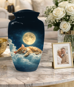 Cat Memorial Urn for Mom | Moon Cat Cremation  Large Urn for Ashes- Funeral Keepsake Urn