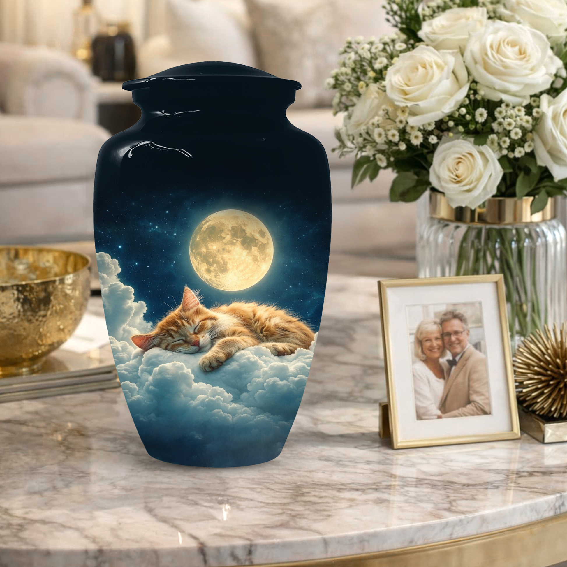 Cat Memorial Urn for Mom | Moon Cat Cremation  Large Urn for Ashes- Funeral Keepsake Urn