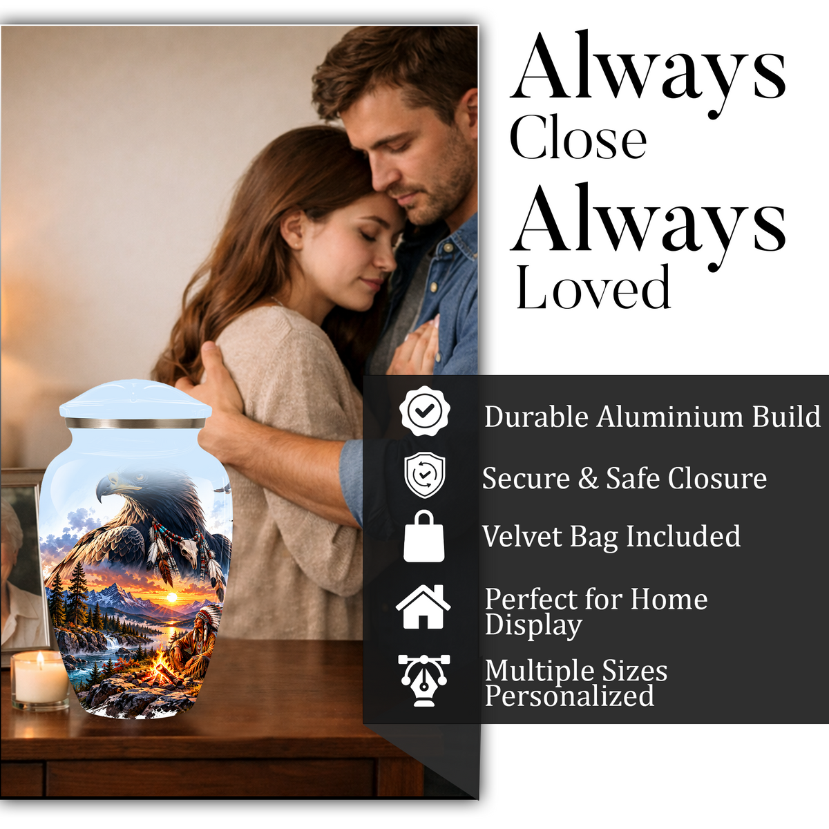 Personalized Adult Cremation Urn for Ashes, Native American Eagle Memorial Urn