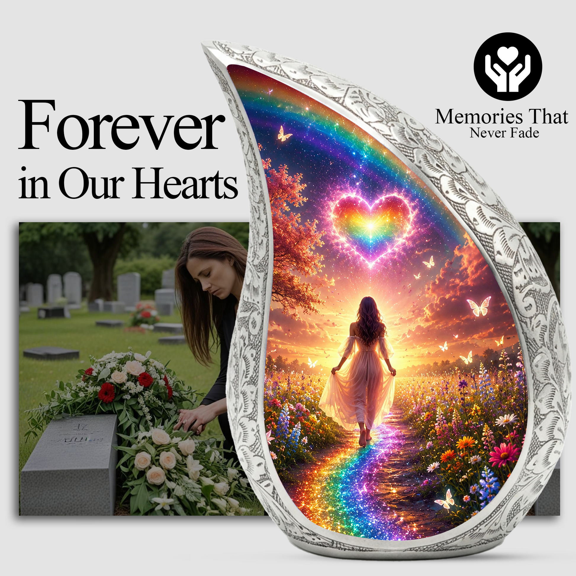 Women Rainbow Heart Urn for Human Ashes – Beautiful Colorful Cremation Urn for Mom