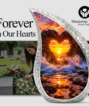 Heart Rock Ocean Sunset Memorial Urn – Personalized Cremation Urn for Human Ashes| Coastal Memorial Keepsake