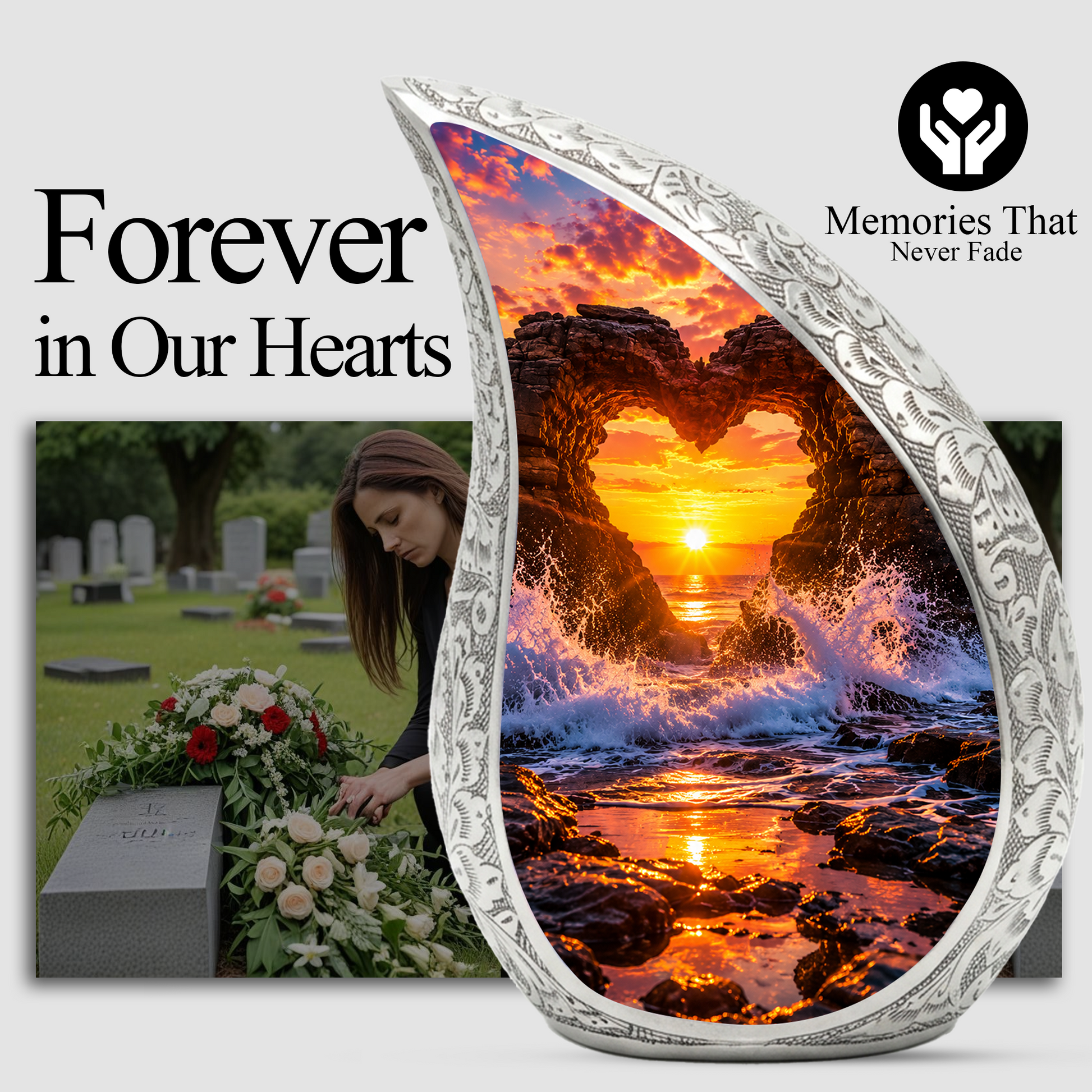 Heart Rock Ocean Sunset Memorial Urn – Personalized Cremation Urn for Human Ashes| Coastal Memorial Keepsake