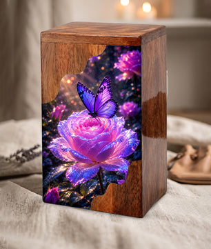 Purple Butterfly Rose Wooden Cremation Urn – Wooden Urn for Human Ashes