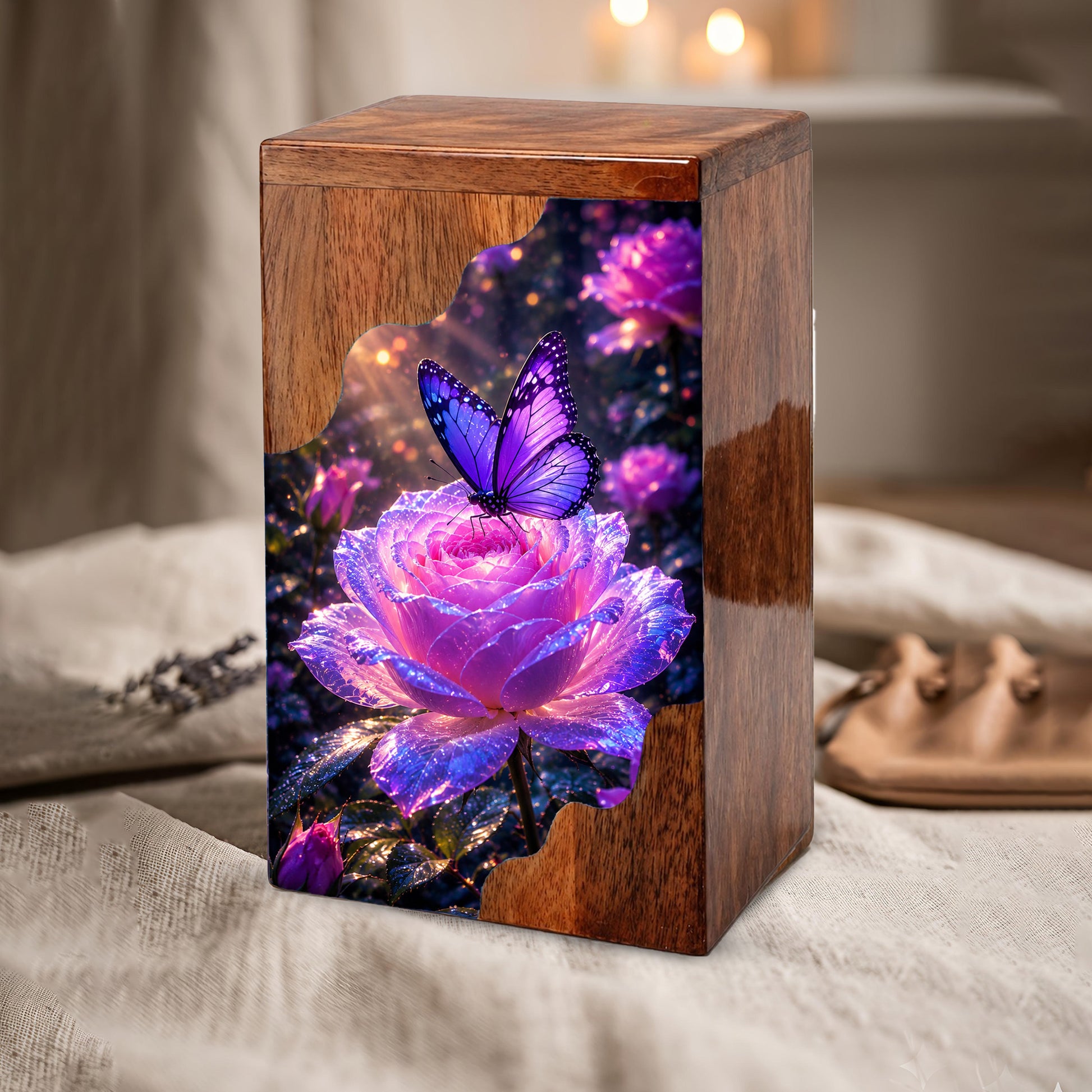 Purple Butterfly Rose Wooden Cremation Urn – Wooden Urn for Human Ashes