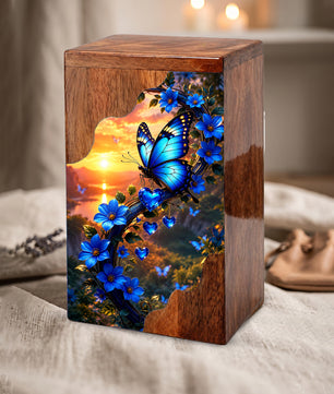 Blue Butterfly Wooden Cremation Urn – Floral Memorial Urn for Human Ashes
