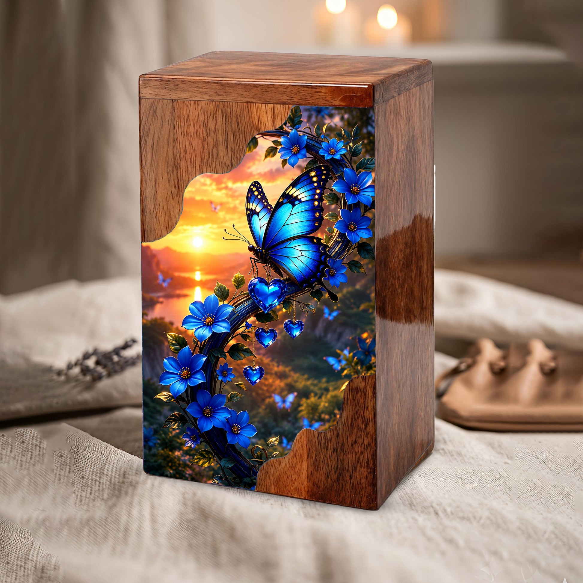Blue Butterfly Wooden Cremation Urn – Floral Memorial Urn for Human Ashes