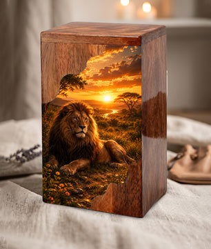 Lion Wooden Cremation Urn – Wooden Urn for Human Ashes | Memorial Urn for Dad