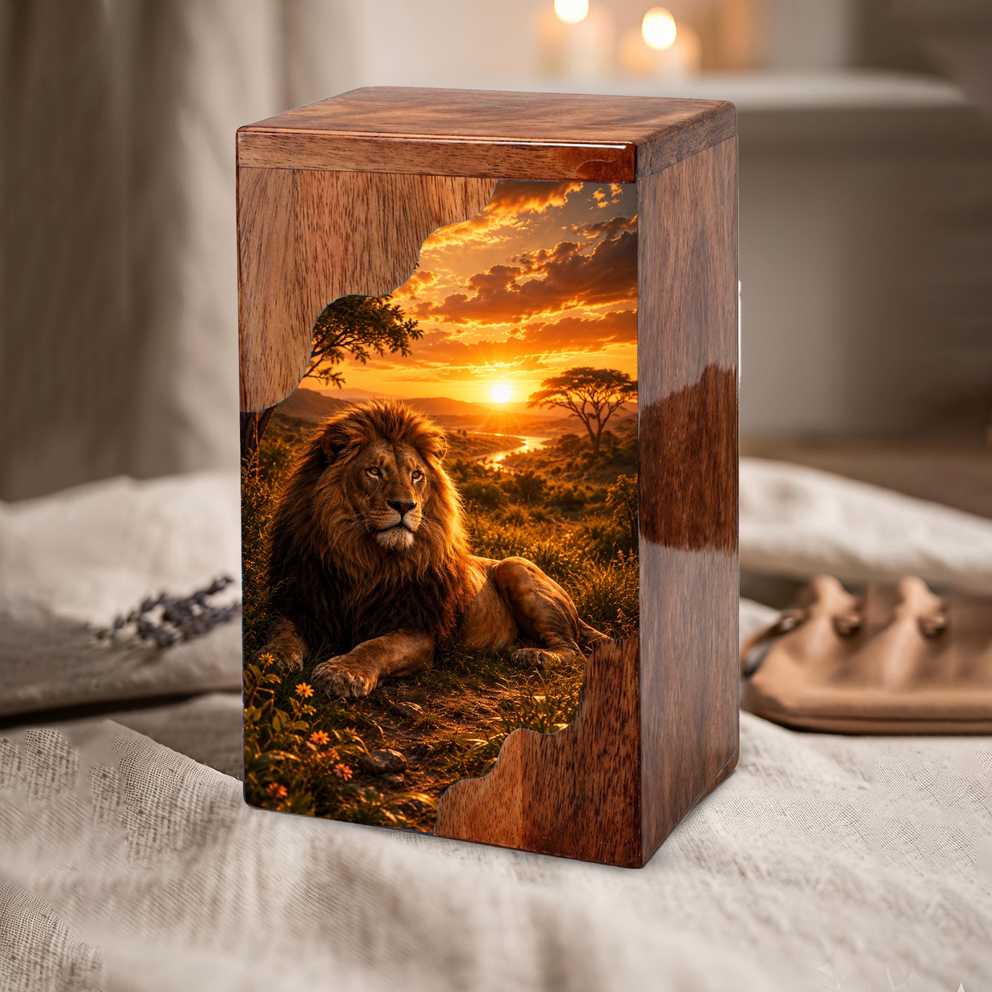 Lion Wooden Cremation Urn – Wooden Urn for Human Ashes | Memorial Urn for Dad