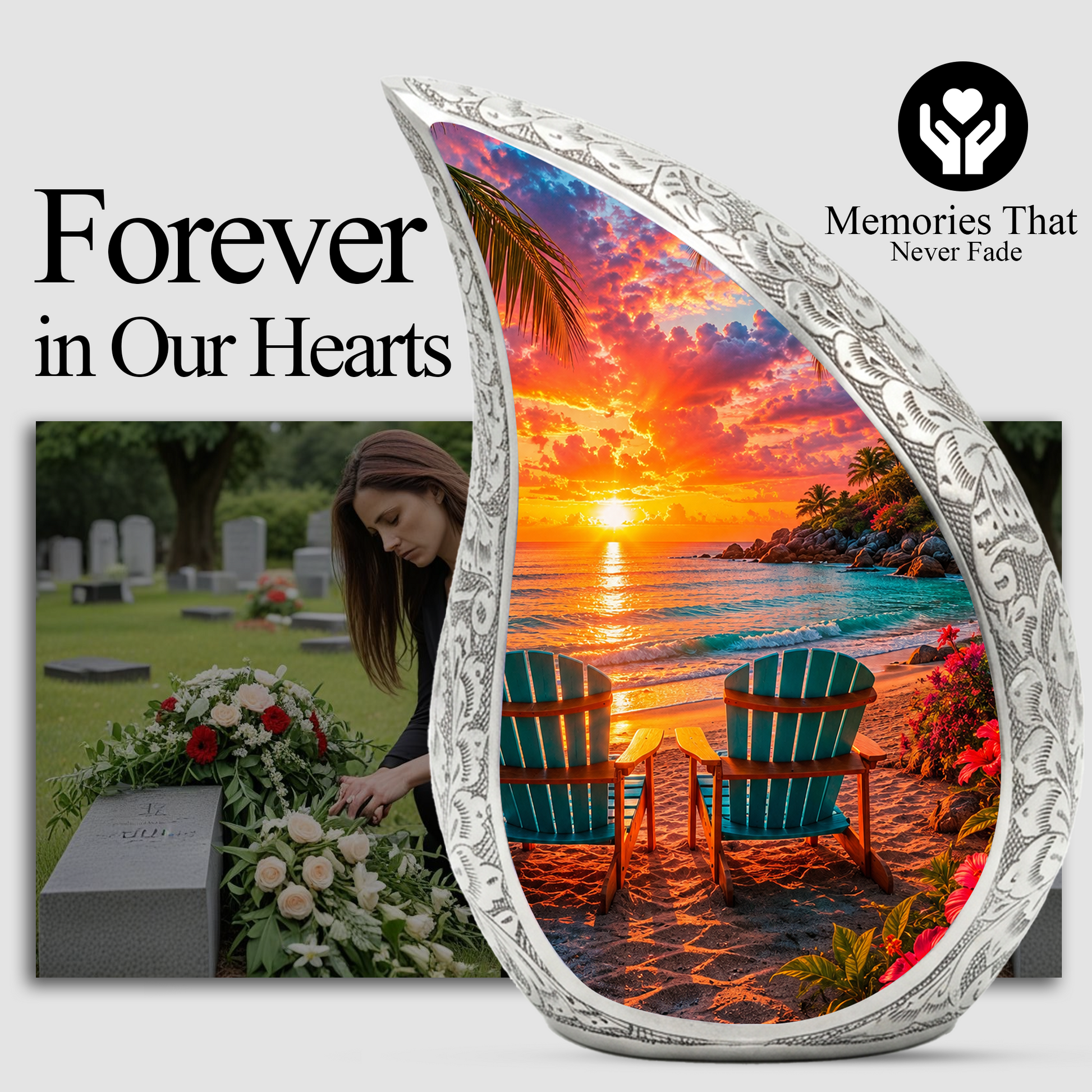 Beach Sunset Adult Cremation Urn for Mom, Dad, Women & Men, Tropical Memorial Urn for Ashes