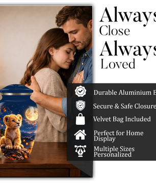 Personalized Adult Cremation Urn for Ashes, Baby Lion Under Golden Moon Memorial Urn