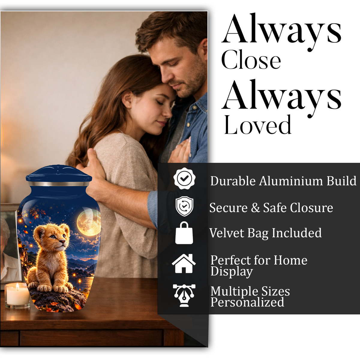 Personalized Adult Cremation Urn for Ashes, Baby Lion Under Golden Moon Memorial Urn