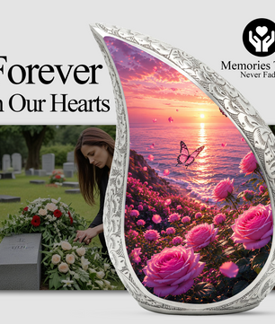 Flower Beach Urn for Mom – Pink Rose Ocean Sunset Cremation Urn for Human Ashes,