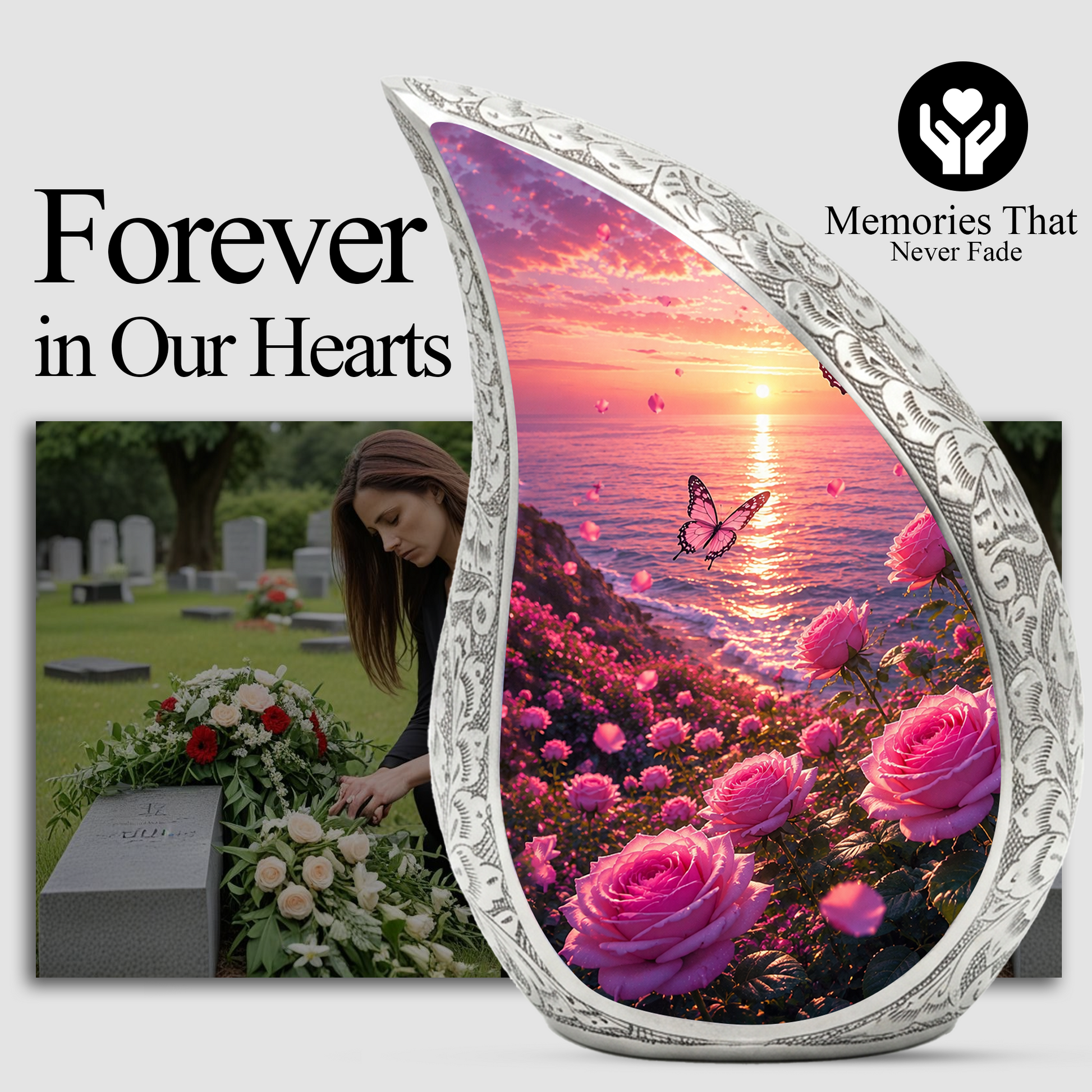 Flower Beach Urn for Mom – Pink Rose Ocean Sunset Cremation Urn for Human Ashes,