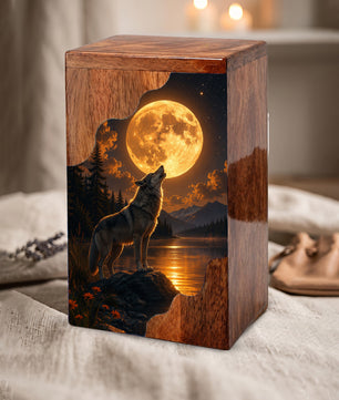 Wolf Moon Wooden Cremation Urn – Personalized Memorial Urn for Human Ashes